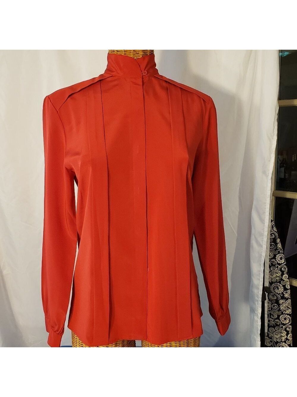 Ladies Vintage STUART LANG High Neck Blouse w/Pleated Front in Red - 4